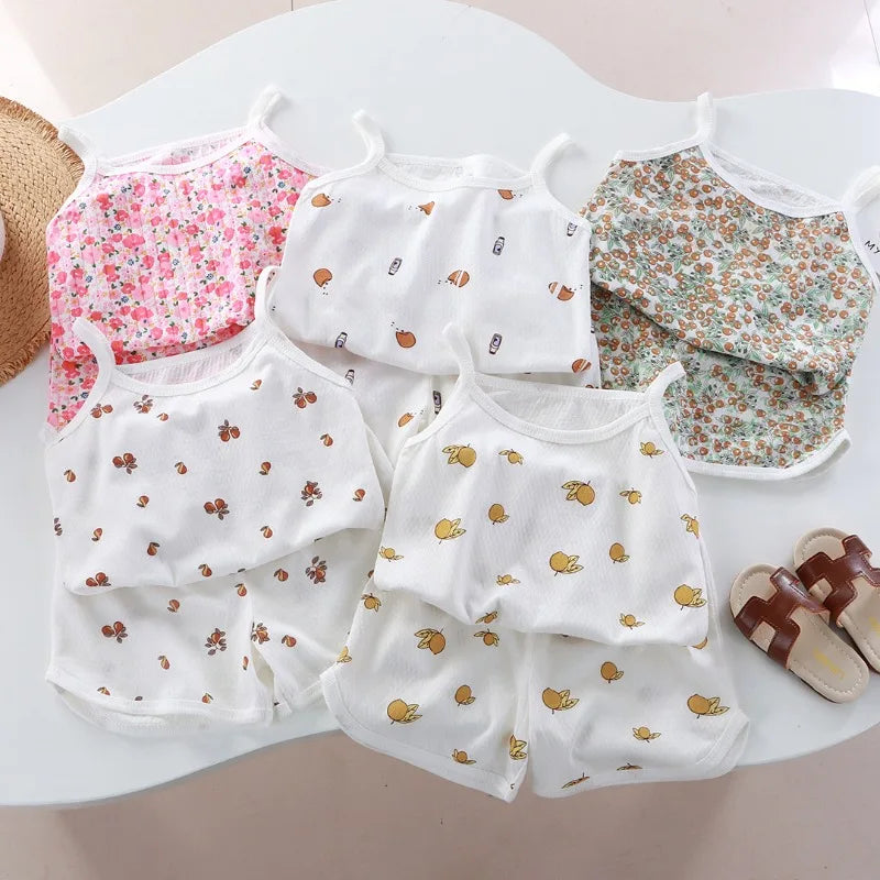 Girls Summer Clothes Sets New Baby Sleeveless Tops Shorts 2 Pieces Suit Girls Square Collar Clothing Set Kids Cotton Clothes