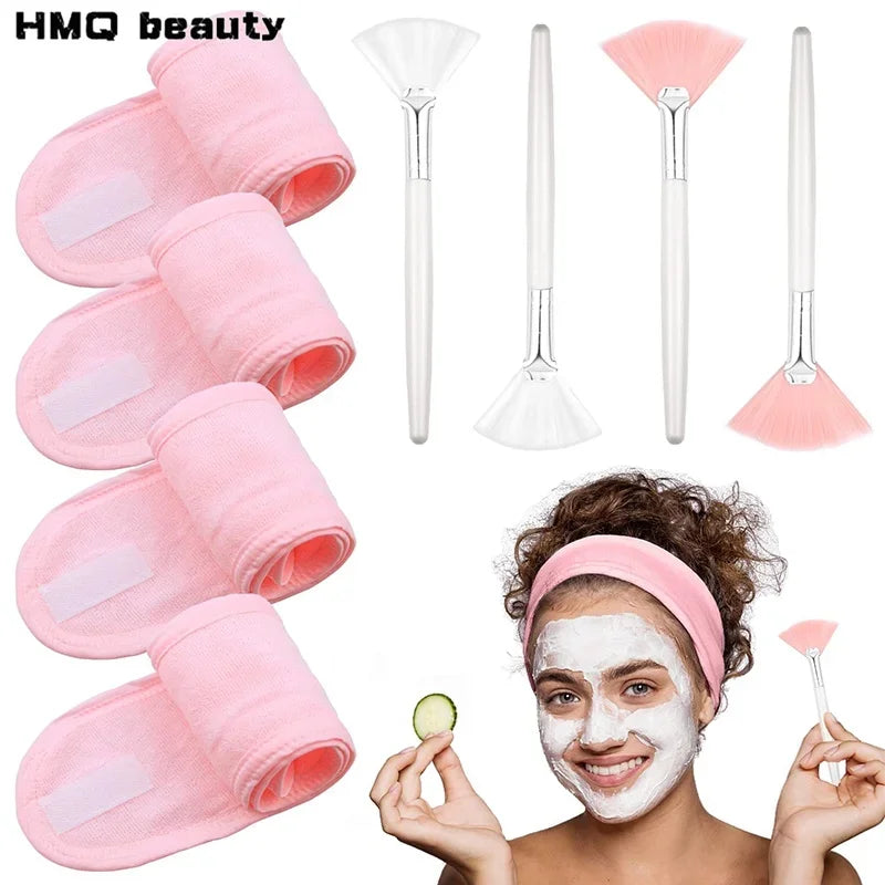 8pcs/set  Facial Brushes Fan Makeup Brushes Soft Portable Mask Brushe Spa Headband Stretchable Hair Wrap Skincare Makeup Tools