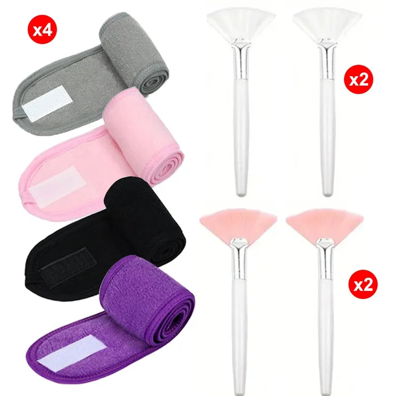 8pcs/set  Facial Brushes Fan Makeup Brushes Soft Portable Mask Brushe Spa Headband Stretchable Hair Wrap Skincare Makeup Tools