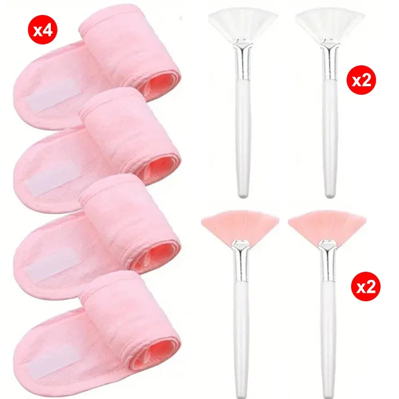 8pcs/set  Facial Brushes Fan Makeup Brushes Soft Portable Mask Brushe Spa Headband Stretchable Hair Wrap Skincare Makeup Tools