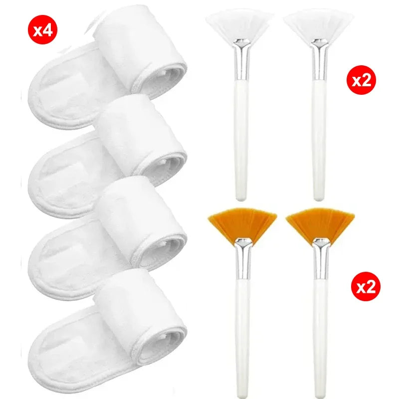 8pcs/set  Facial Brushes Fan Makeup Brushes Soft Portable Mask Brushe Spa Headband Stretchable Hair Wrap Skincare Makeup Tools